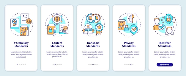 multiple icons representing health interoperability resources mobile app screen set walkthrough 5 steps graphic instructions with thin line icons concept ui ux gui template