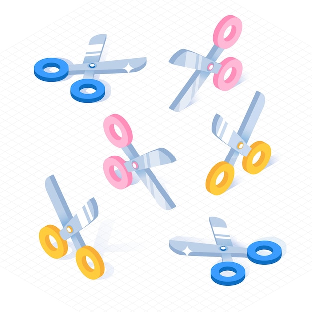 Multiple scissors in different isometric projection directions Vector illustration
