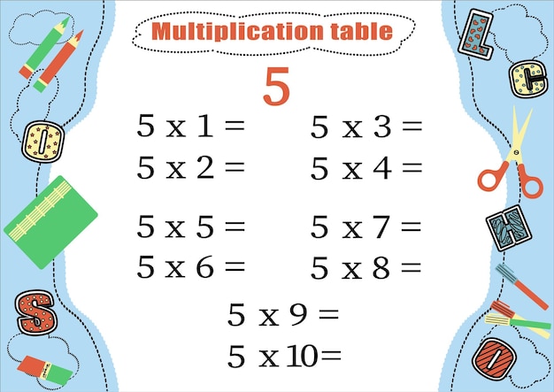 Multiplication table by 5 with a task to consolidate knowledge of multiplication
