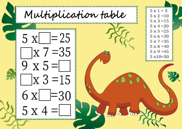 Multiplication table by 5 with a task to consolidate your knowledge of multiplication
