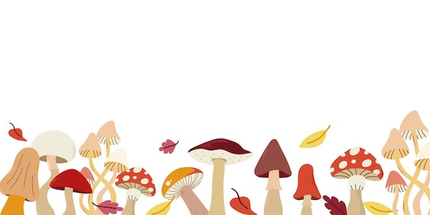 Mushrooms border Autumn fungus card banner horizontal botanical decoration