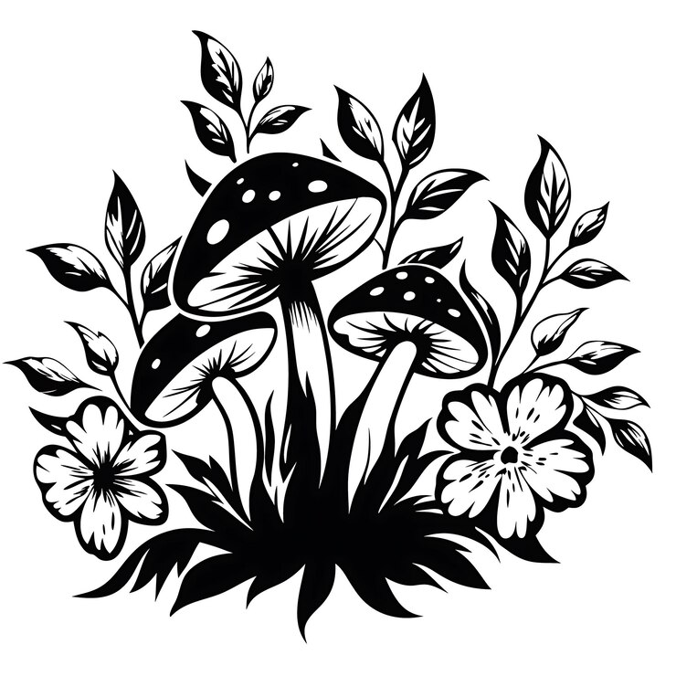 Mushrooms with Wildflowers Illustration in Black and White