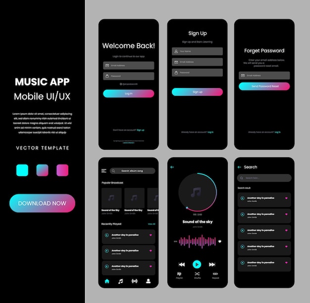 music app screens design vector template. mobile application ux ui wireframes.