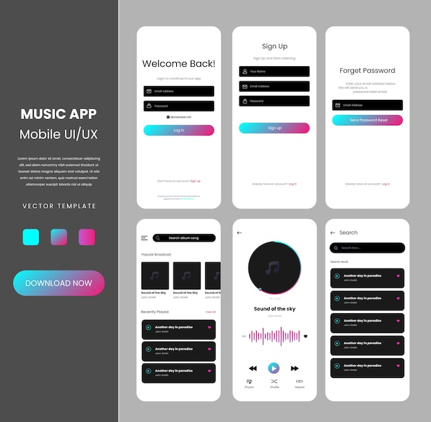music app screens design vector template. mobile application ux ui wireframes.