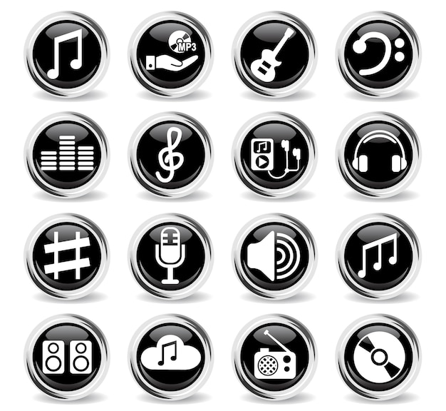 Music icons on round black buttons with metal ring