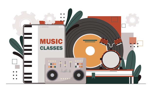 music lessons online concept vinyl disc and piano keyboard drums musical equipment for creativity
