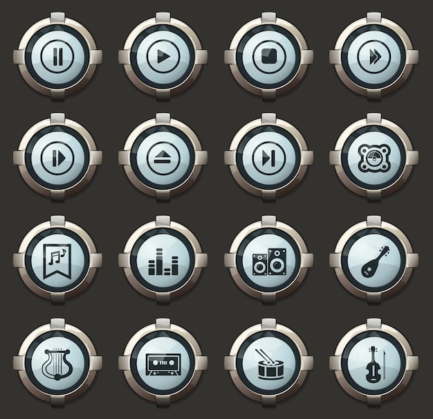 music vector icons in the stylish round buttons for mobile applications and web
