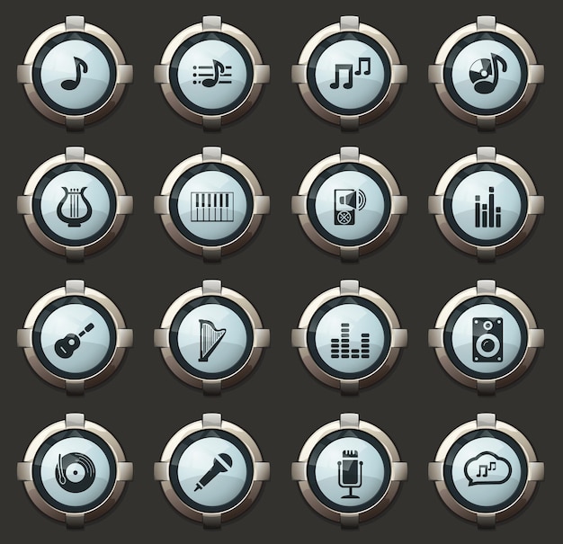 music vector icons in the stylish round buttons for mobile applications and web