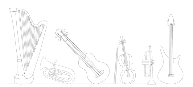 Musikinstrumenter én ubrudt stregtegning isoleret vektor