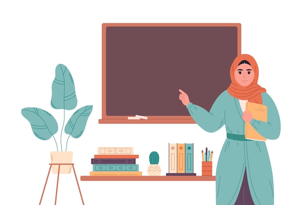 Muslim female teacher at classroom near blackboard Education lecture and lesson at school