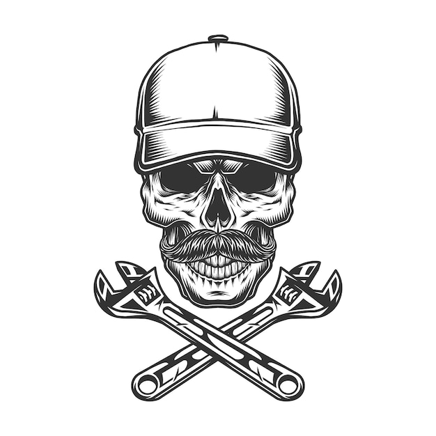 mustached skull in baseball cap and wrenches