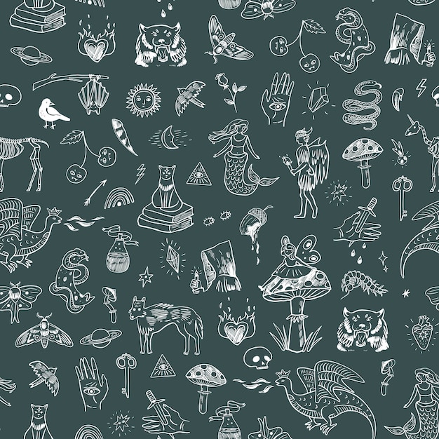 Mystical tale halloween illustrations seamless pattern