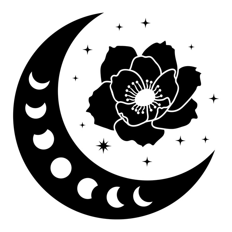 Vektör mystical vector floral moon with anemone flowers stars and moon phases in black color