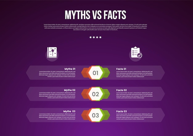 myths vs facts infographic for comparison data with hexagon shape and transparent container as background with modern dark gradient style background with 2 point information