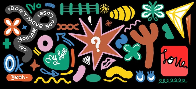 Naive cute abstract shapes sticker pack Fun funky flowers bubbles stars circles eyes typography