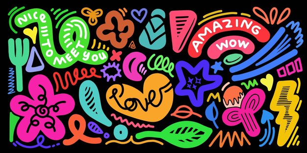 Naive cute abstract shapes sticker pack Fun funky flowers bubbles stars circles eyes typography