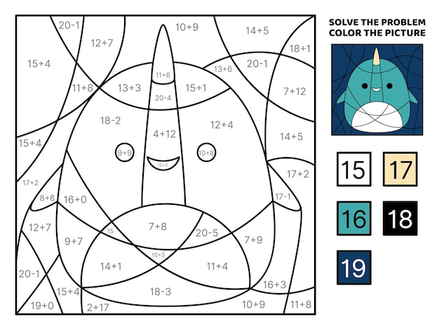 Narwhal Solve the problem color the picture Addition Subtraction Coloring book Vector