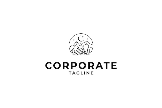 Natural Cottage Logo Concept with Pine Trees and Mountain Landscape View in night scene in Frame