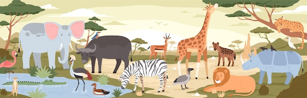 natural landscape with savannah animals reptiles and birds panoramic scenery with wild habitant exotic savanna inhabitants in african national park vector illustration in flat cartoon style