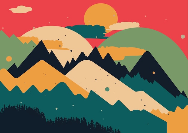 Nature scene with hills, forest and mountain, landscape flat cartoon style illustration