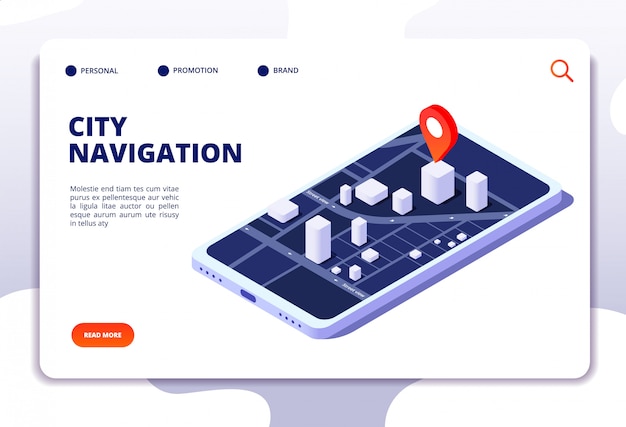 Navigasyon haritası izometrik konsepti. Gps konum sistemi. Küresel konumlandırma ile telefon izleyici. açılış sayfası