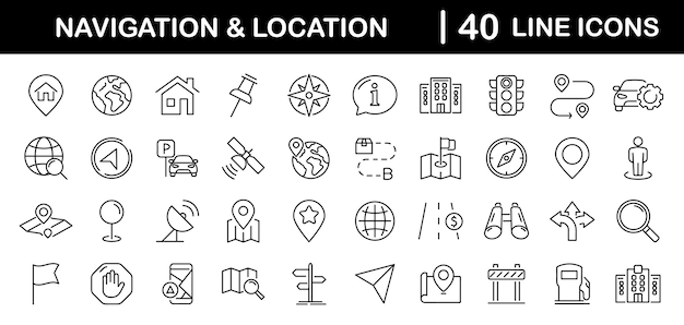 Navigation and location set of web icons in line style Map location and navigation icons for web and mobile app Map pin GPS compass navigator marker map pointer traffic travel direction