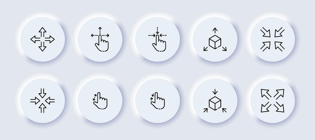 Navigation arrows set icon Zoom in and out buttons control panel hand finger move cube three dimensional 360 degrees viewing angles Technology concept Neomorphism style Vector line icon