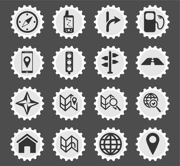 Navigation icons on stylized round postage stamps