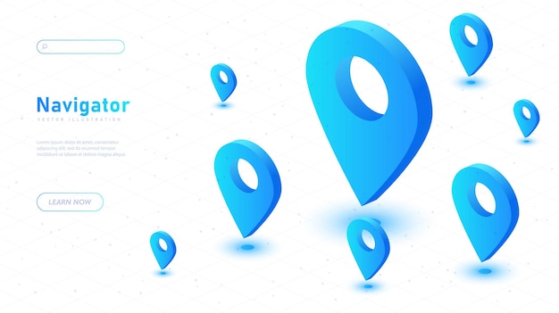 Navigation white poster geolocation neon blue pins city map or addresses tourism and travel landing