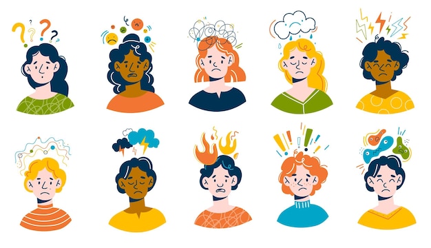 Negative thinking people Unhappy men and women with gloomy thoughts disturbing experiences depression and bad mood symbols clouds and fire above head mental health concept vector isolated set