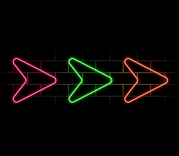 Neon arrow sign Set of red futuristic glowing neon arrow pointer on brick wall background