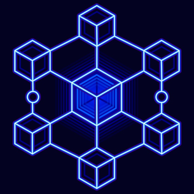 neon blue blockchain cube network symbolizing digital security decentralization