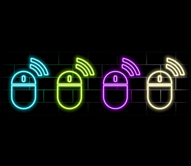 Neon computer mouse icon Glowing neon mouse sign set of isolated gaming mouse device in different