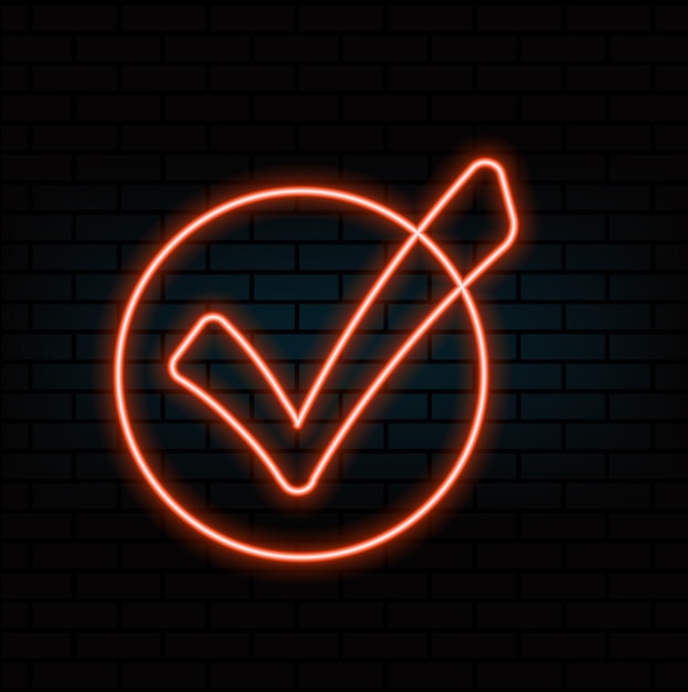 Neon glowing check mark sign on a black background