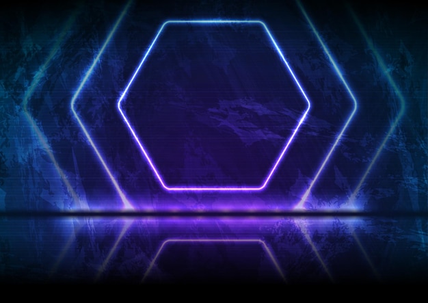 Neon hexagon frames on blue violet grunge background