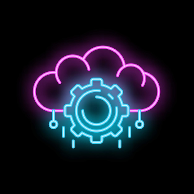 neon icon of cloud computing with raining data flowing down from gear wheel