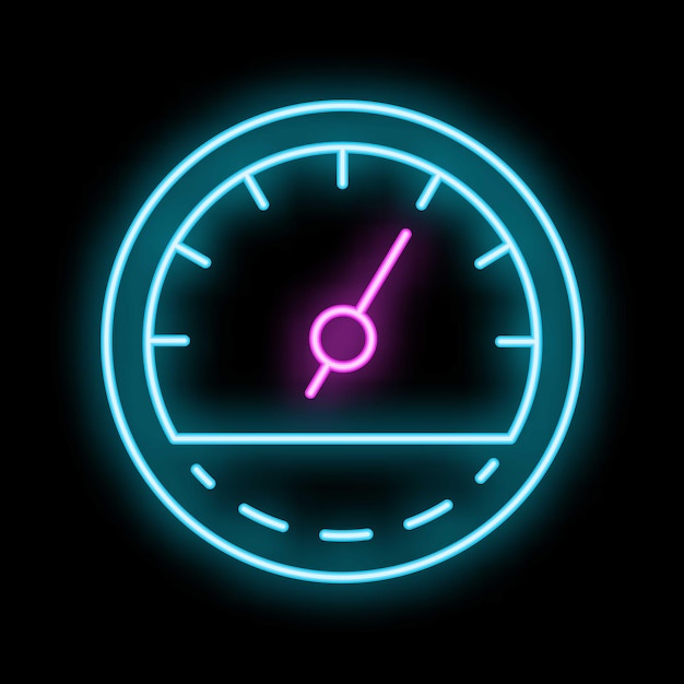 neon icon of speedometer showing increasing speed on black background