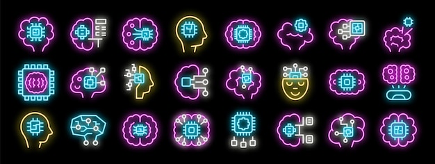 Neon icons of artificial intelligence and machine learning featuring brains and processors