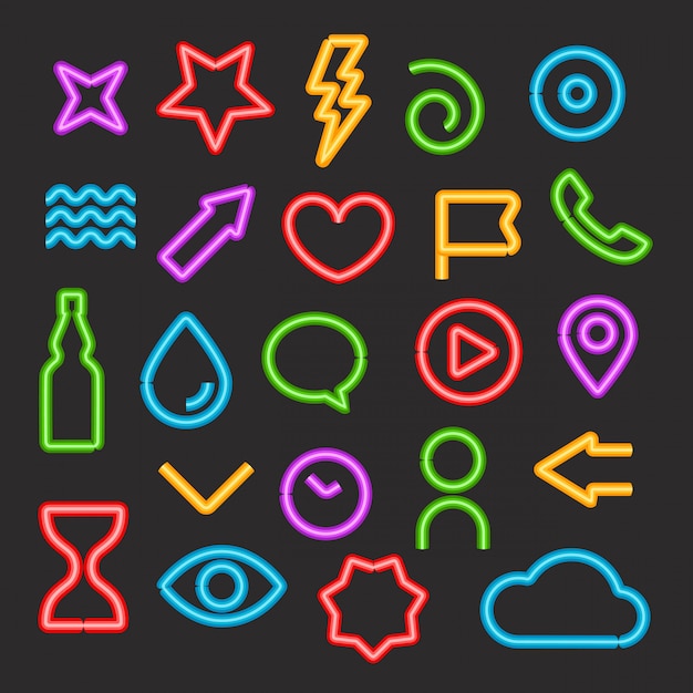 Neon light color elements vector set