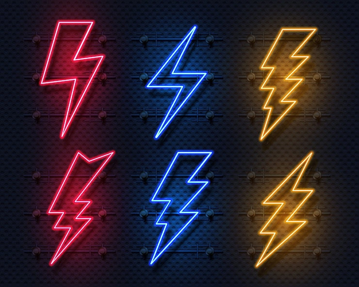 Vektör neon lightning bolt. glowing electric flash sign, thunderbolt electricity power icons.