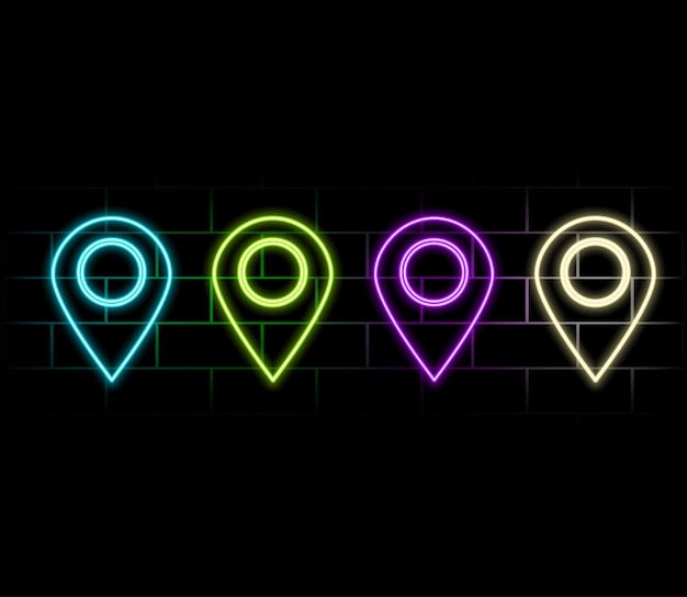 Neon location icon Retro pink glowing location sign Night light advertising Vector illustration