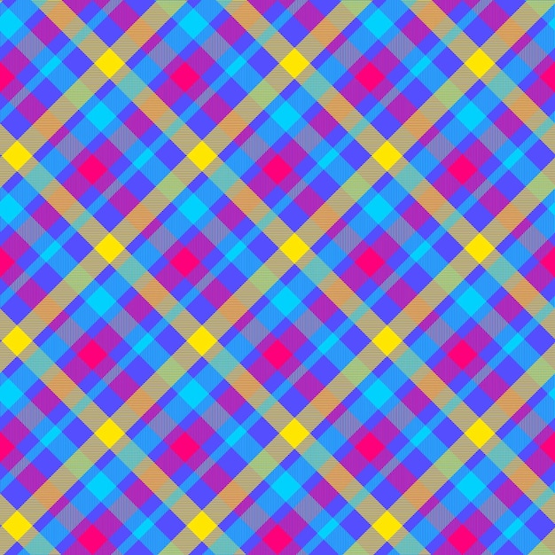 Neon pink and yellow tartan seamless pattern on blue background