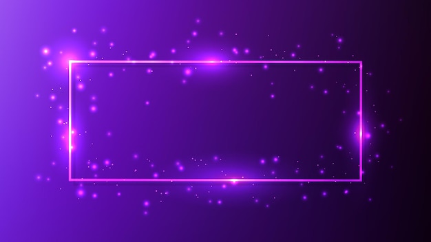 Neon rectangular frame with shining effects and sparkles on dark blue background Empty glowing techno backdrop Vector illustration