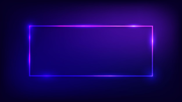 Neon rektangulär ram med skinande effekter på mörk bakgrund. Tom glödande teknobakgrund. Vektorillustration.
