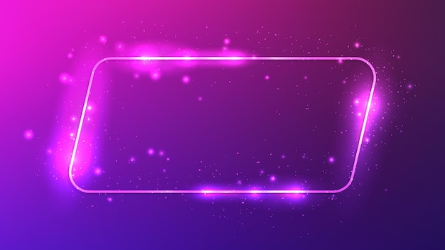 neon rounded parallelogram frame with shining effects and sparkles on dark purple background
