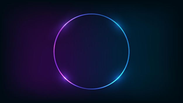 Neon rund ramme med skinnende effekter på mørk baggrund. Tom glødende teknobaggrund. Vektor illustration.