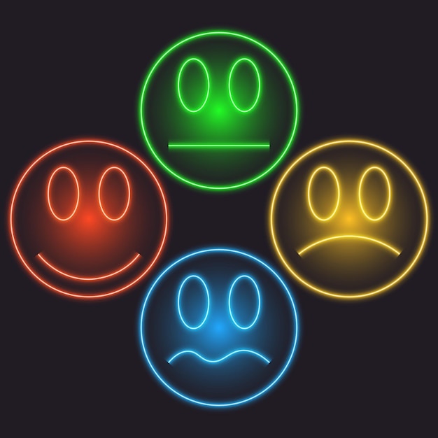 neon sad and happy faces transparent glowing emoji sign colorful outlines isolated vector illustr