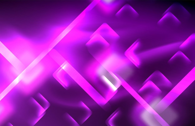Neon square and line lights on dark background with blurred effects
