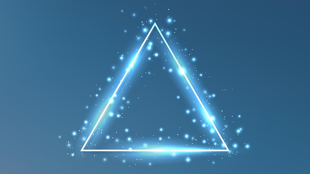 Neon triangle frame with shining effects and sparkles on blue background
