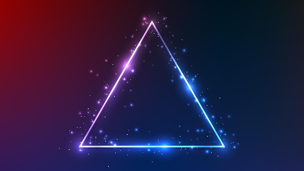 Neon triangle frame with shining effects and sparkles on dark purple background Empty glowing techno backdrop Vector illustration